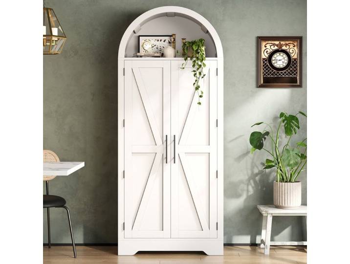 Buffet de Rangement Haute 170 cm Blanche Design en Arche 2 Portes Étagères Réglables Style Campagne