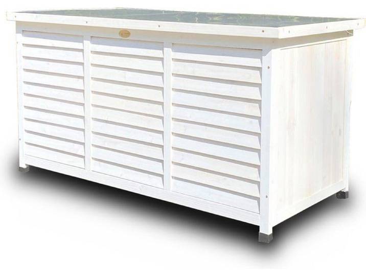 Rijoka Coffre de jardin en bois - Coffre de rangement - Toit en métal - 380 l - 1322 x 660 x 605 mm - Blanc