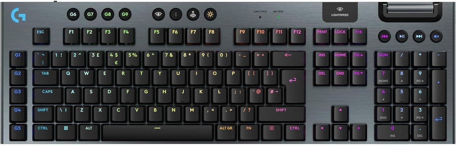 Logitech G915 X LIGHTSPEED Wireless Gaming Keyboard, Low-Profile, PBT Keycaps, RGB Backlighting, GL Brown Switches, Fully Programmable, PC/Mac, UK QWERTY - Black, New