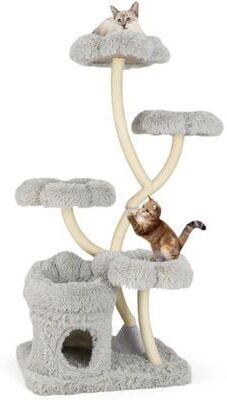 Costway Freestanding Cat Tower with four Flower-shaped Platforms and Sisal Scratching Posts-Gray