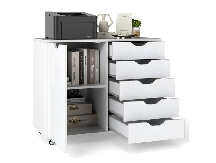 Rollcontainer met 5 Lades & Deur & Werkblad & Wielen Mobiele Archiefkast Wit