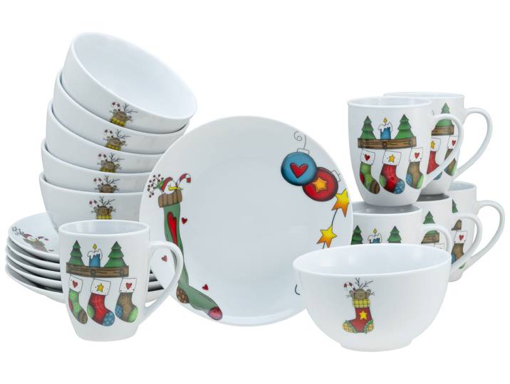 Frühstücks-Geschirrset CREATABLE Luna Socken, Frühstücksset 18-tlg , weiß, 18 Stk., Porzellan, Geschirr-Sets, Frühstücks-Geschirrset, Winterlicher Dekor mit lustigen Sockenmotiven