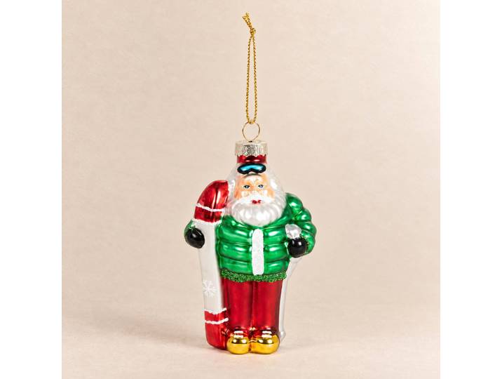 Weihnachtsschmuck aus mehrfarbigem Glas mit einem Ski fahrenden Weihnachtsmann