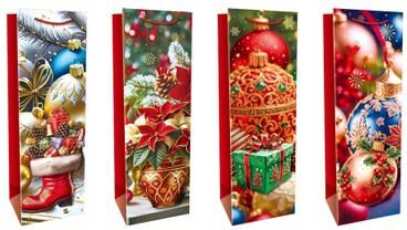 IH Casa Decor Christmas Wine Gift Bags Red with Festive Decor Assorted- Set of 12