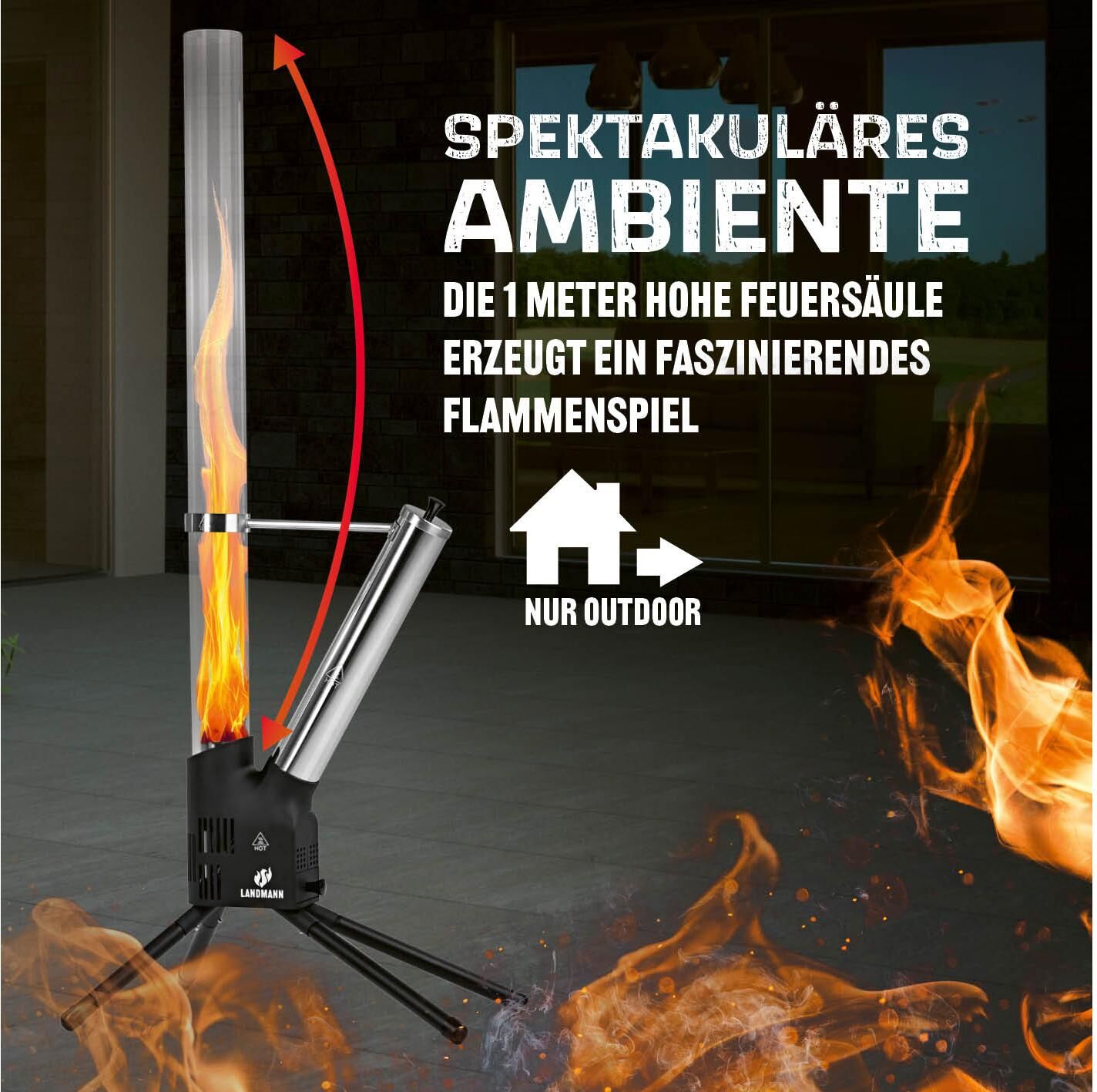 Feuerstelle LANDMANN "Pellet-Fackel 126.5 cm", schwarz, B:44,5cm H:129,5cm L:36cm, Glas, Stahl, Feuerkörbe, Feuerstelle, Pellet Heizstrahler schwarz Einheitsgröße