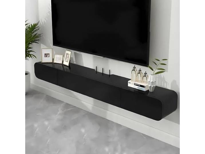 Ahtadums Massivholz TV Lowboard Hängend, TV Schrank hängend mit 2 Schubladen TV Board hängend Hängeschrank Wandregal komplett montiert (Schwarz B, 140cm)