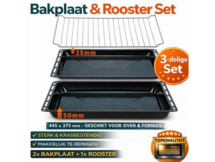 ICQN Oven Bakplaat Set - 3 Stuks - 2x Bakplaat en Rooster voor oven - 445x375x25 en 445x375x50 mm - Geëmailleerd