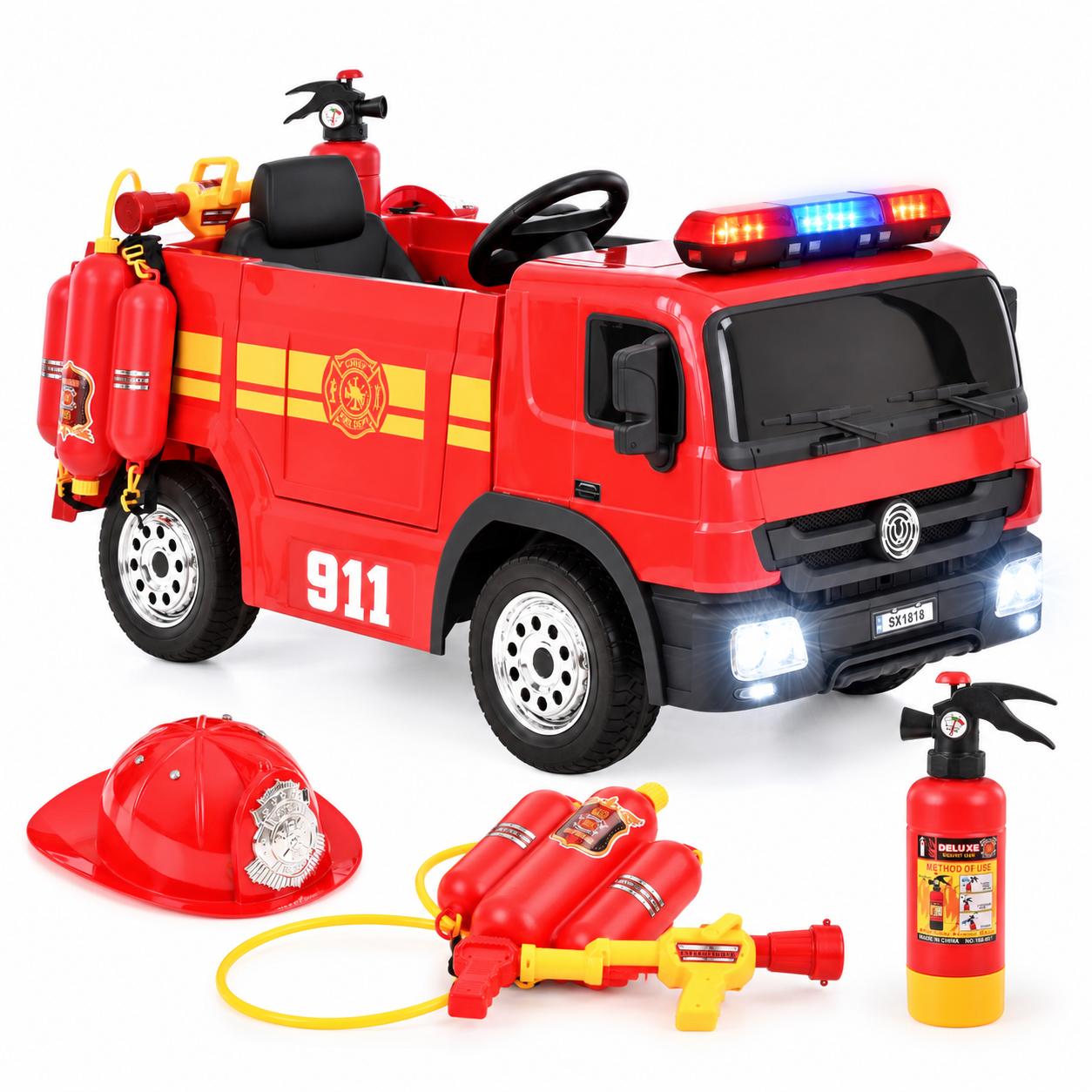 Kinder-Elektroauto HECHT 51818 Feuerwehrauto | 12V 10Ah | Mit Wasserpistole & Blaulicht | Fernbedienung & Bluetooth Kinderfahrzeug Elektroauto