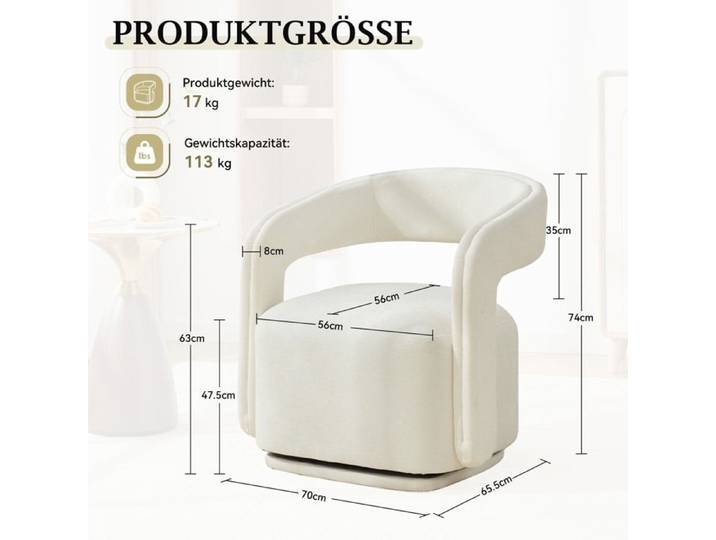 Fauteuil: 065 Fauteuil pivotant 360° pivotant Barrel Chair Design Fauteuil lounges pour salon et coin lecture Blanc