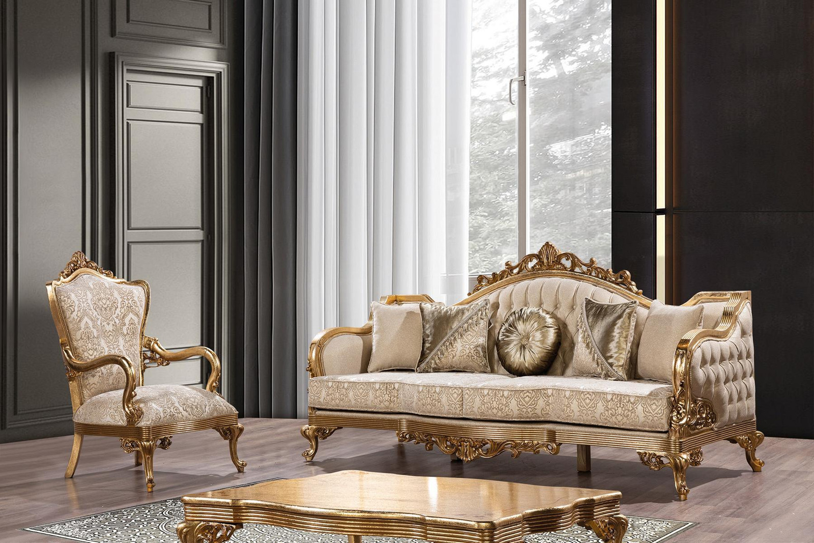 Klassieke Goldene bankset met 3+1 fauteuil en bijpassende hocker en salontafel in stof