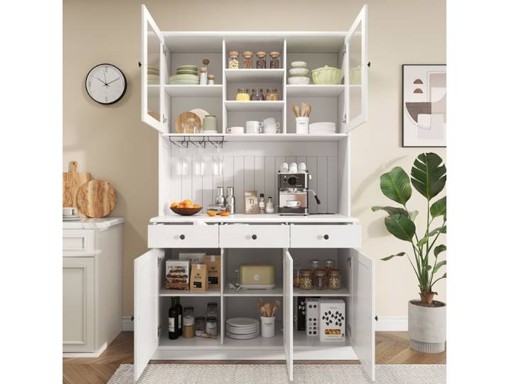 Buffet Haut avec Éclairage LED et Porte-Verres Vaisselier Moderne MDF Blanc