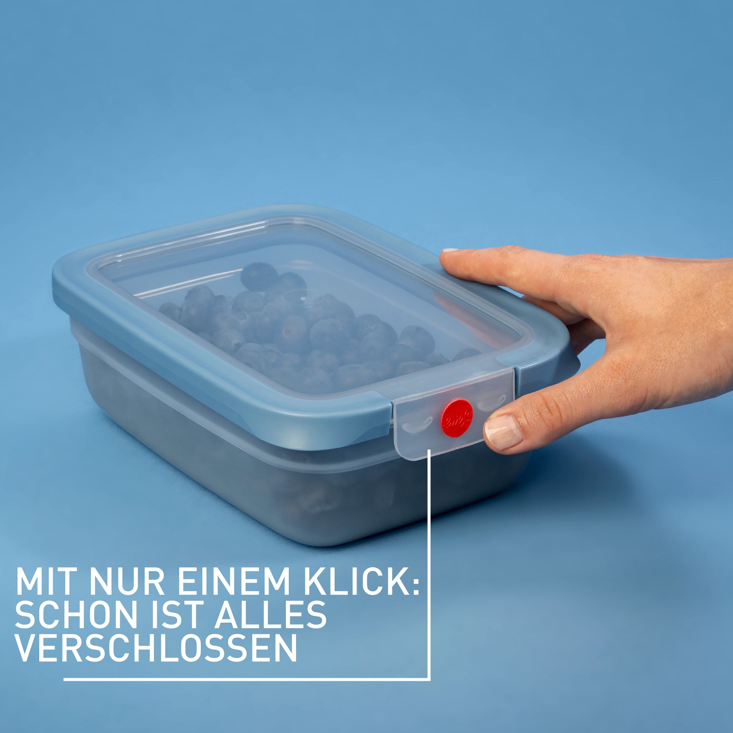 Frischhaltedose EMSA "oneClick", blau, B:15,95cm H:7,32cm L:21,73cm, Polyprophylen (PP), Lebensmittelaufbewahrungsbehälter, Frischhaltedose, verschlossen mit nur 1 x Klick, 100% dicht, made in Germany