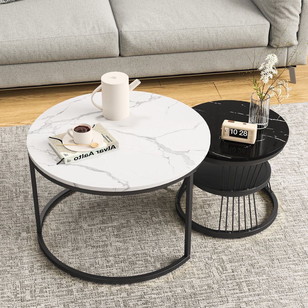 Brambly Cottage Modern Coffee Tables, Round Nesting Tables Set Of 2, Side Tables With Metal Frame And Open Storage Shelf, Industrial Stacking End Tables For Living Ro Black/White/Black 45.5cm H X 70cm W X 70cm D