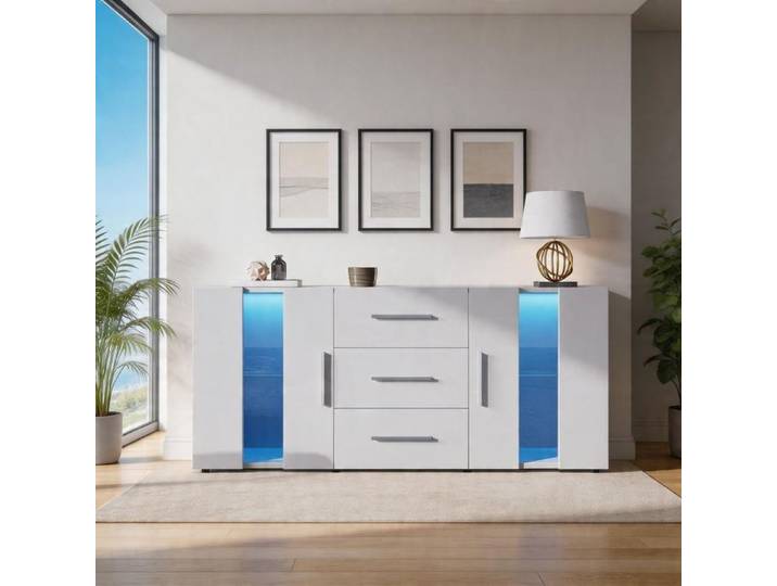 Buffet bas - WF299520WAA - Blanc aspect chêne - Éclairage LED USB - 140×35×70 cm