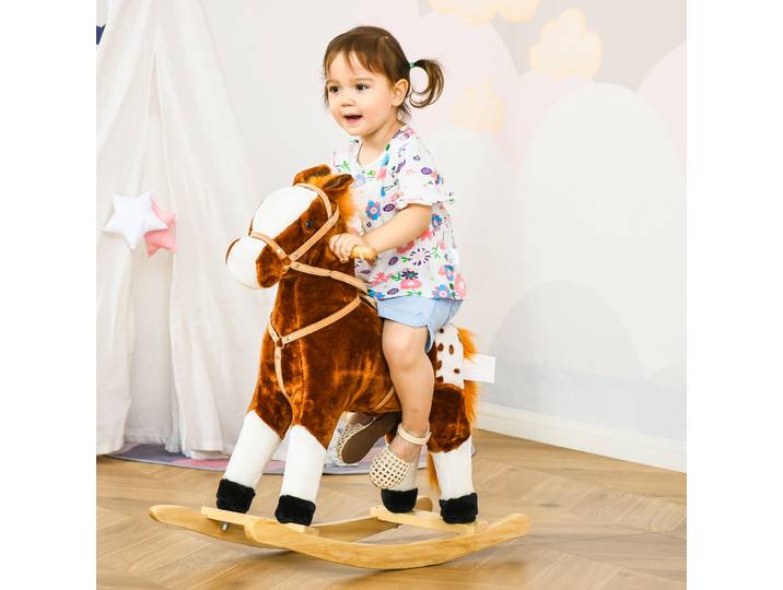 HOMCOM Cheval à Bascule Peluche Effet Sonore Marron Blanc
