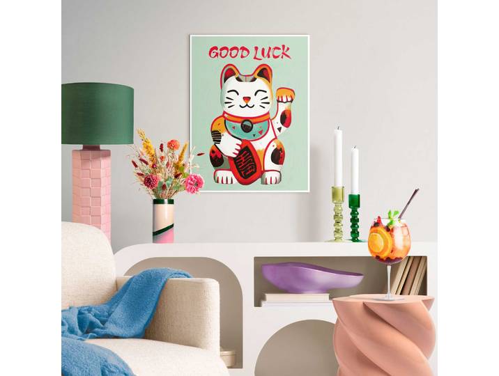 Bild mit Rahmen REINDERS Maneki Neko , bunt (farbe bild(er): grün), B:30cm H:40cm T:1,6cm, MDF, Bilder, Bild mit Rahmen, Hobbyraum - Grün - MDF - Spiritualität - 30x40 cm
