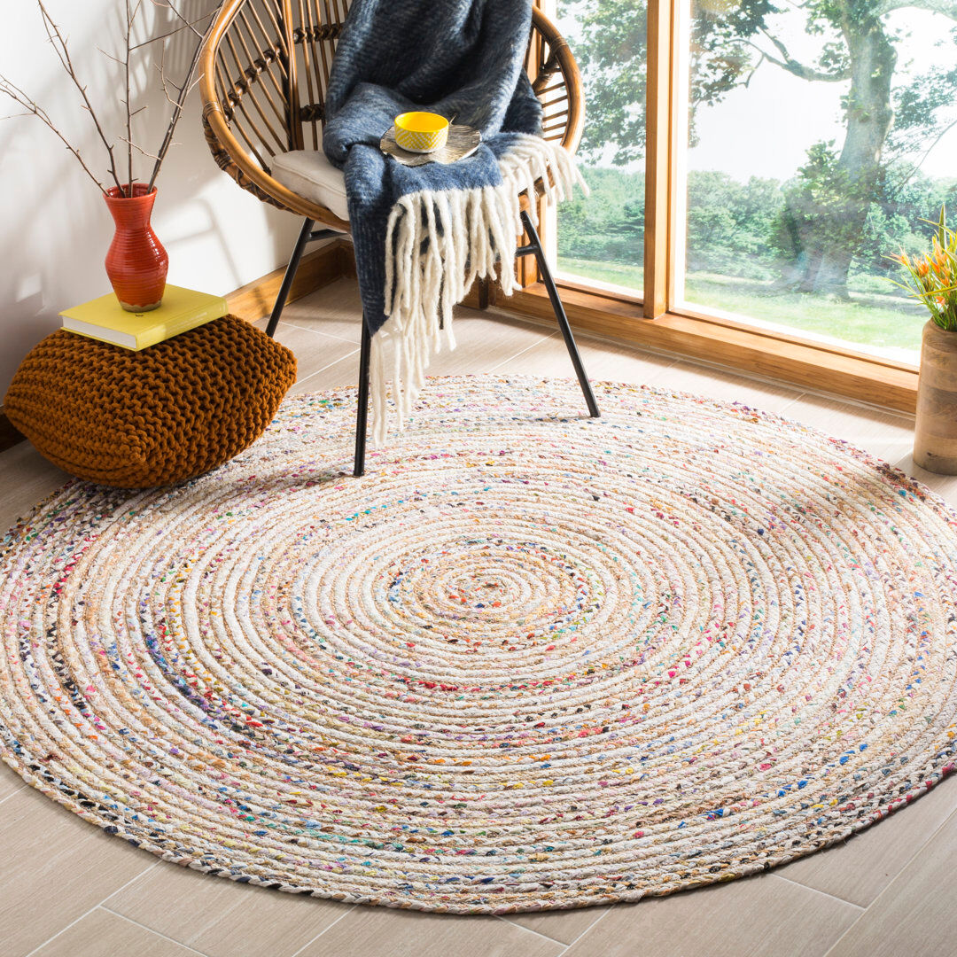 Blue Elephant Herzig Flatweave Cotton Beige/Yellow Rug Yellow;Beige Round 152 cm