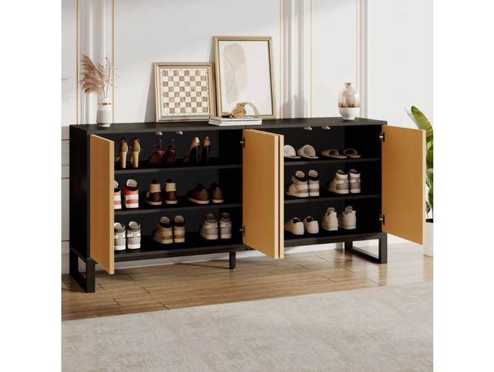 ULEVR Meuble à chaussures / buffet 4 portes relief 3D étagères réglables noir et naturel 160 cm