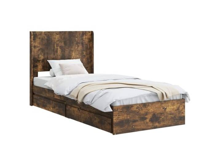 PUGYNBK Bettgestell mit Stauraum und Kopfteil Eiche rauchfarben Robustes Holz, modernes Design, untere Fächer, Pflege mit feuchtem Tuch
