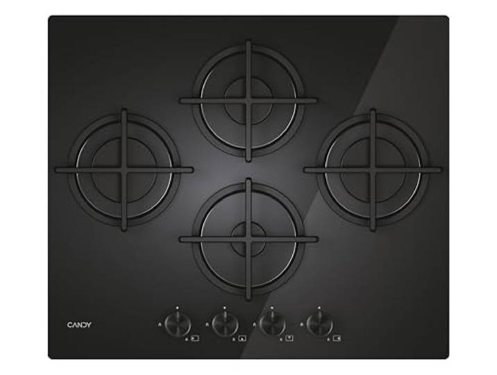 Candy CSG6DTB Glas-Gaskochfeld, 4 Flammen, 60 cm, unabhängige Griffe aus Edelstahl, Gitter aus Gusseisen, Erdgas, anpassbar an Butan, Sicherheitsventil, 8150 W, Schwarz