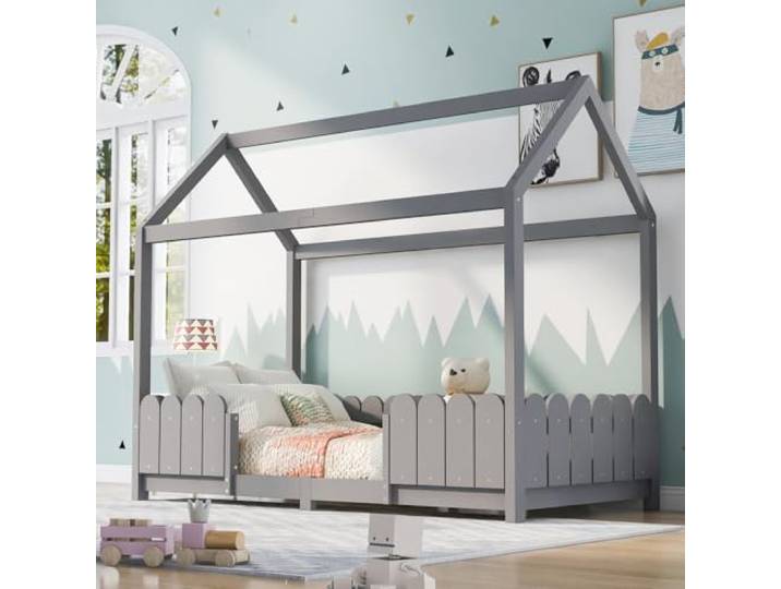 I0I&I0I Hausbett Kinderbett Holz Mit Rausfallschutz und Lattenrost, Sicherer Schlafplatz fürs Kinderzimmer für Jungen und Mädchen (Grey + Solid Wood + 90cm*200cm)