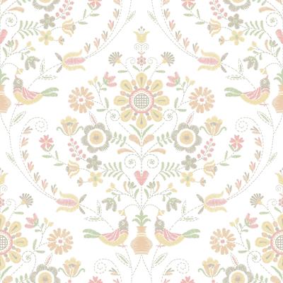 A-Street Prints Britt Peach Embroidered Damask Wallpaper