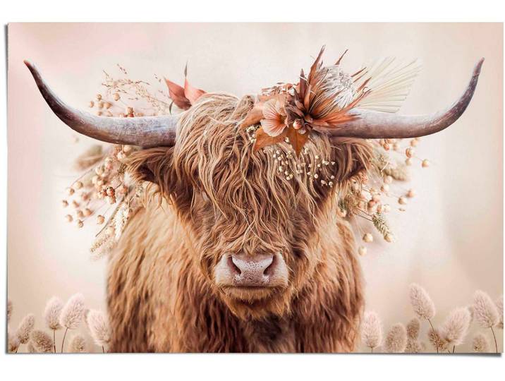 Poster REINDERS Highlander in Blumen , beige (farbe bild(er): beige), B:91,5cm H:61cm T:0,1cm, Papier, Bilder, Poster