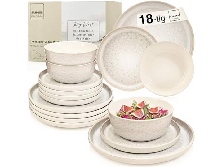 SÄNGER Key West Steingut Geschirr Set 18 tlg, Teller Set 6 Personen Geschirrset 6x Speiseteller 6x Müslischalen 6x Dessertteller, Tafelservice Creme mit sandiger Maserung
