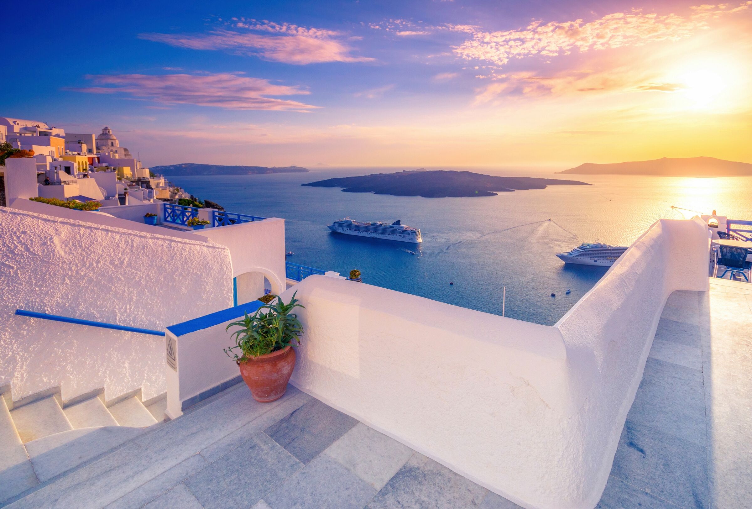 Papermoon "TERRASSE-SANTORINI SEE MEER STRAND PALMEN DÜNEN SCHIFFE"
