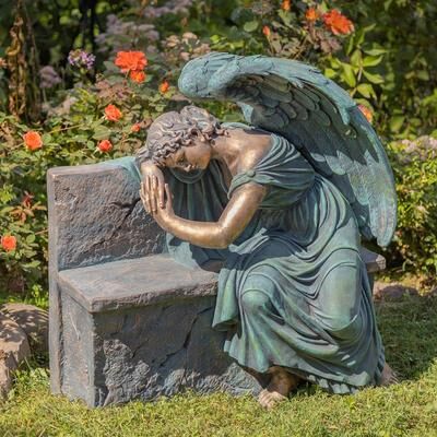 Zaer LTD "35"" T Magnesium Napping Angel On Bench in Antiq. Bronze ""Seraphina"""
