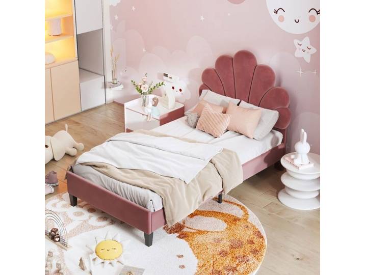 Bladez - Lit enfant 90 x 200 cm Lit fille Lit simple cadre de lit avec tête de lit à fleurs - Rouge velours