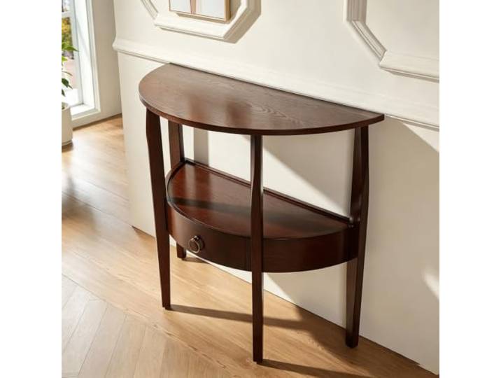 Moderne halbmondförmige Konsole Tisch, semicircularer Eingangstisch Platzsparendes Design, Massivholzrahmen, Staublade, moderne Deko Flurkonsole Tisch(Walnut,66cm/26.0in)