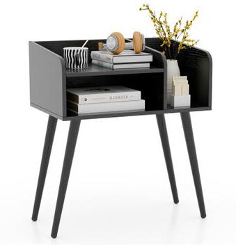 Costway Mid Century Modern Nightstand with Open Shelves-Black
