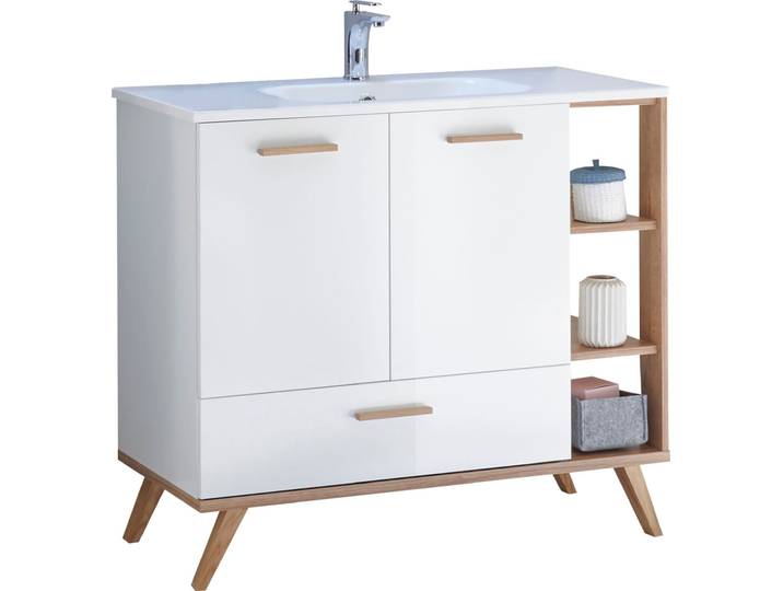 Waschtisch SAPHIR Quickset Mineralmarmor-Waschtisch mit Unterschrank, 101 cm breit , weiss (weiß glanz, riviera eiche, weiß glanz, riviera eiche), B:101cm H:89,5cm T:46cm, Holzwerkstoff, Mineralguss, Waschtische, Waschtisch, Wachplatz, inkl. Türdämpfer, 2 Türen, 1 Schublade, seitliches Fach