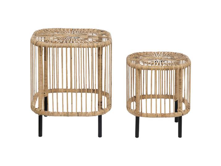 Beliani Garten Beistelltisch 2er Set Rattan natürlich quadratisch Cesenatico, Schwarz, Naturfarben, Naturmaterialen, 40x50x40 cm, Gartenmöbel, Gartentische, Garten-Beistelltische