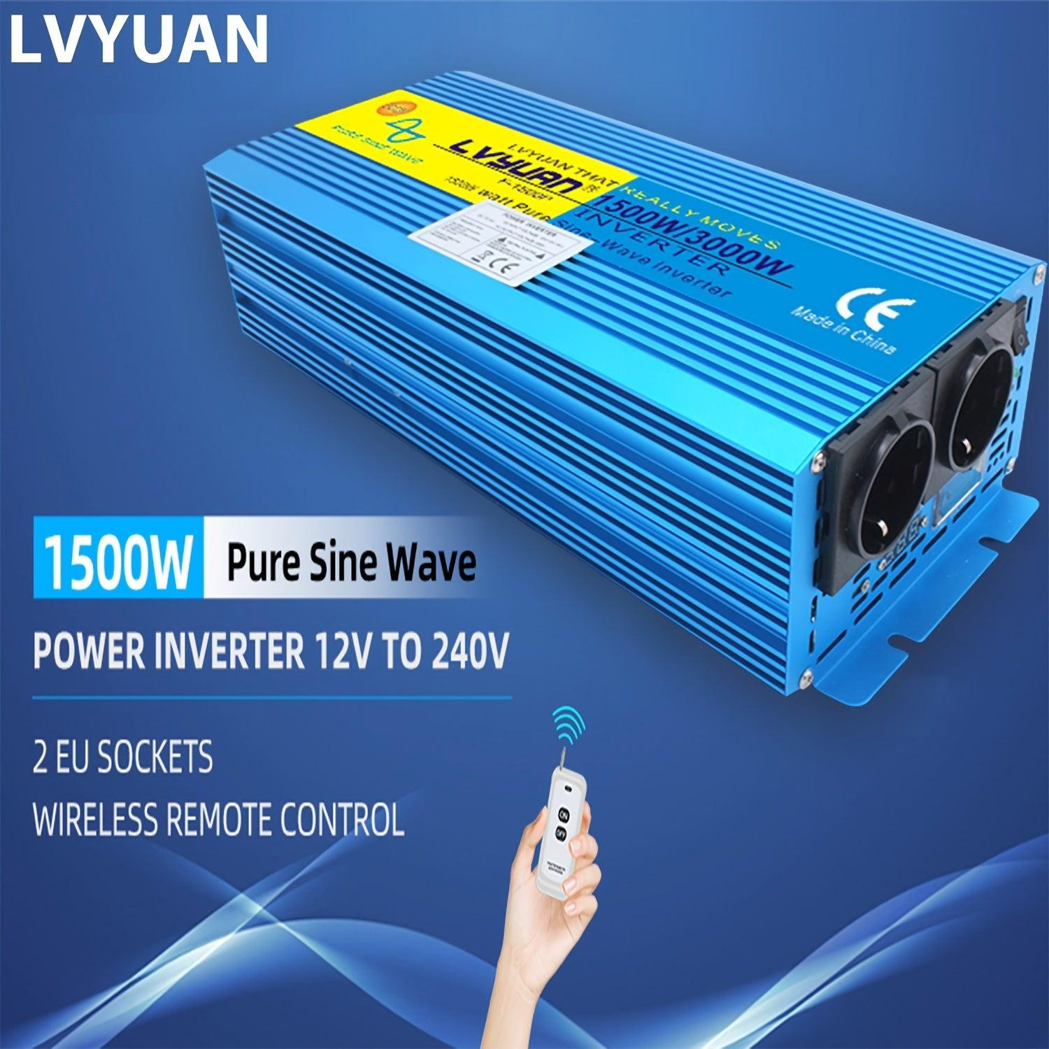 Selius Zuivere sinus omvormer 1500W / 3000W 12V naar 220V met 2 EU stopcontacten en draadloze afstandsbediening
