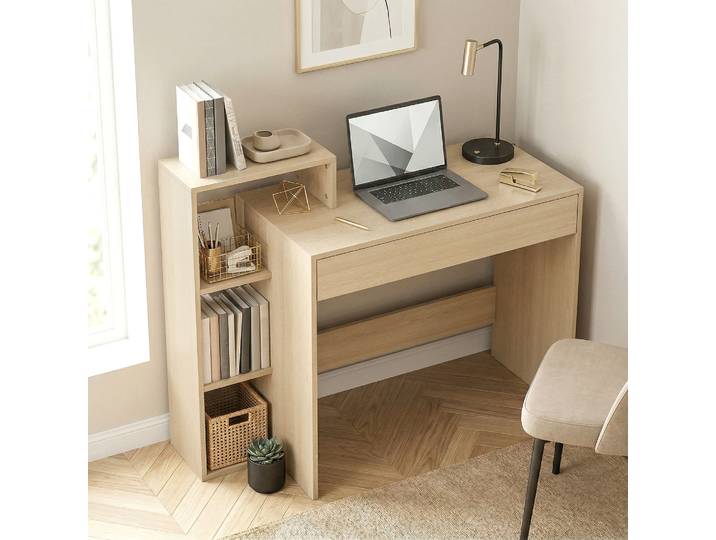 HOMCOM Bureau Bois Naturel 100x40cm 3 Étagères Tiroir Rangement
