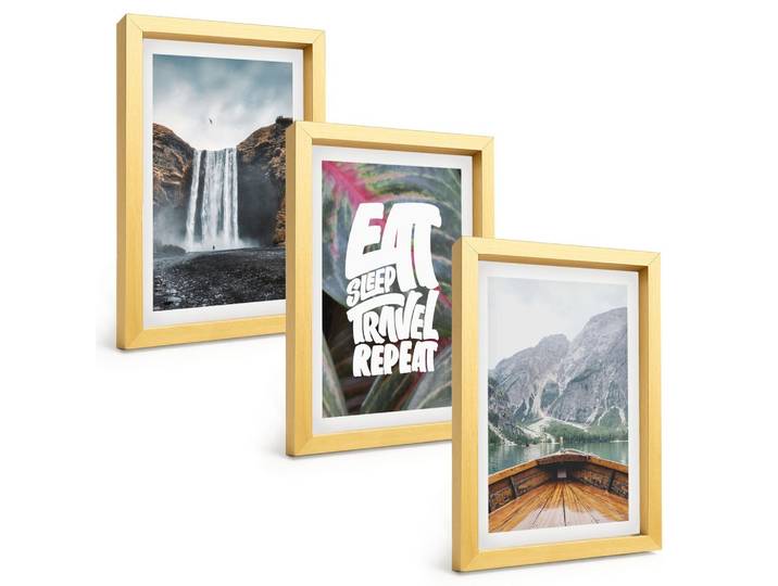 BILDER SET 3er Set - 20x30 cm Goldrahmen - Wasserfall Berge Natur Boot