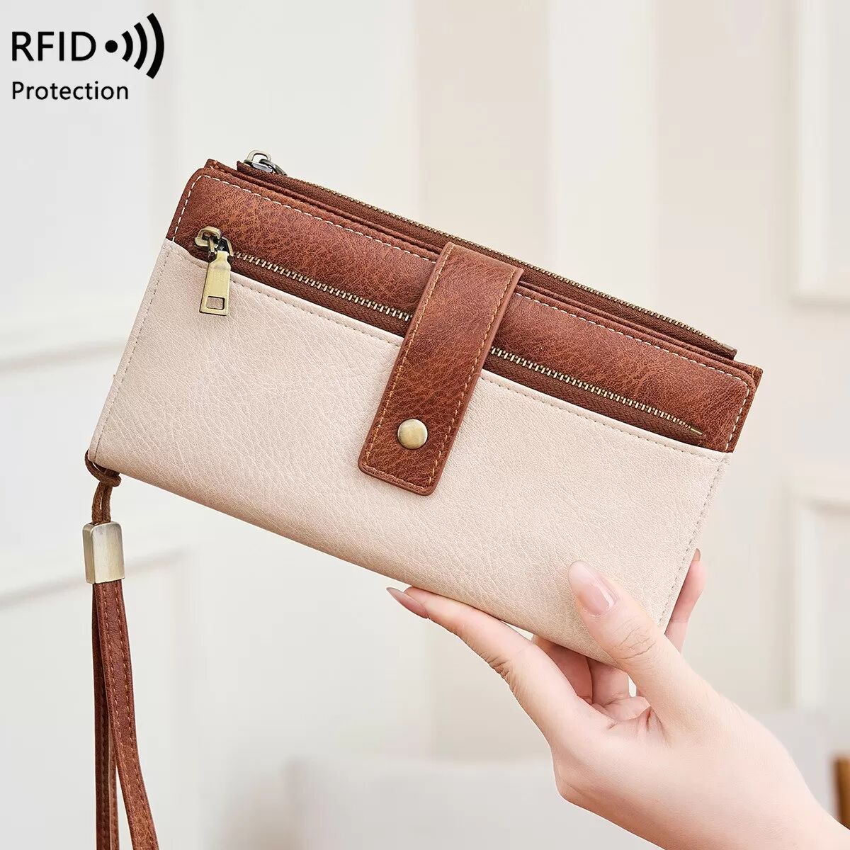 INF Portefeuille Long Triple Femme Anti-RFID en PU - Élégant et Sécurisé Blanc