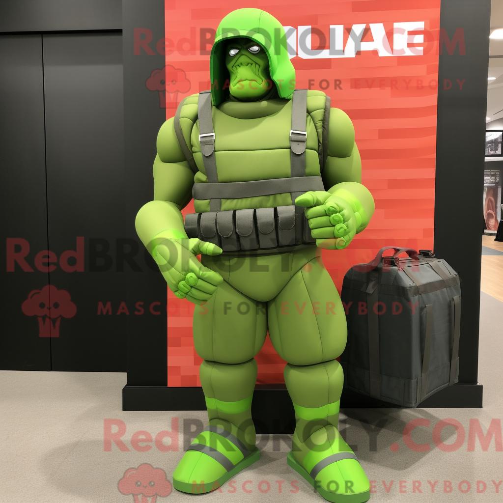 Maskottchenfigur REDBROKOLY eines limettengrünen Gi Joe mit Tanktop und Clutch