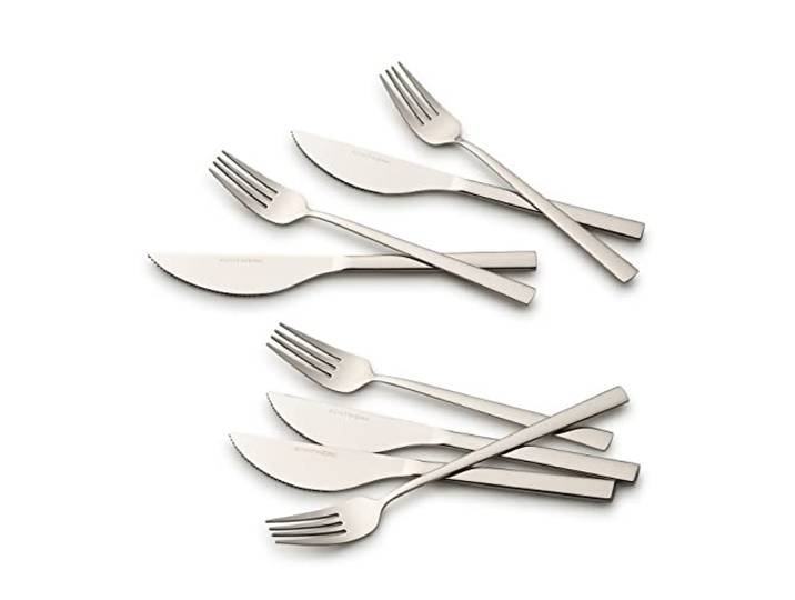 ECHTWERK Set de couverts à pizza\, couverts à pizza\, couverts à viande\, set de table 8 pièces pour max. 4 personnes\, avec 4 couteaux à pizza et 4 fourchettes à pizza en acier inoxydable\, Silver Edition