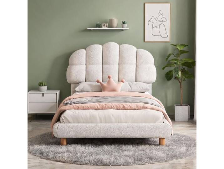 Lit enfant 90x200 cm à lattes bois revêtement bouclette blanc tête de lit demi-ronde