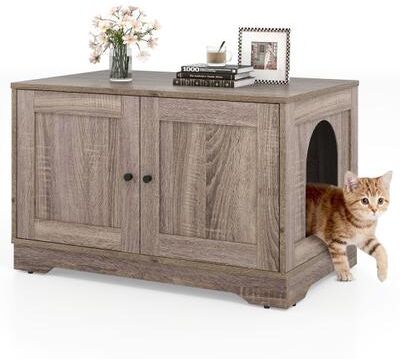 Costway Cat Litter Box Enclosure Furniture Indoor Wooden Cat House End Side Table Nightstand-Gray