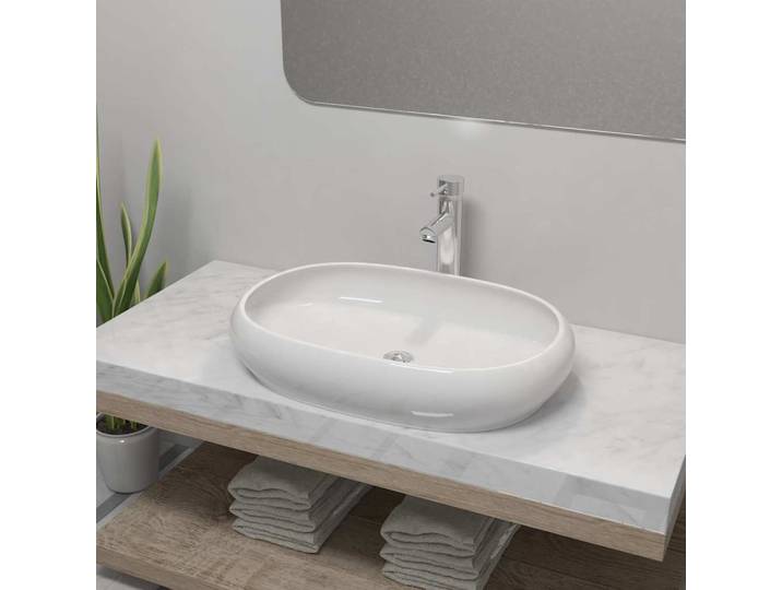 vidaXL Bad-Waschbecken mit Mischbatterie Keramik Oval Weiß