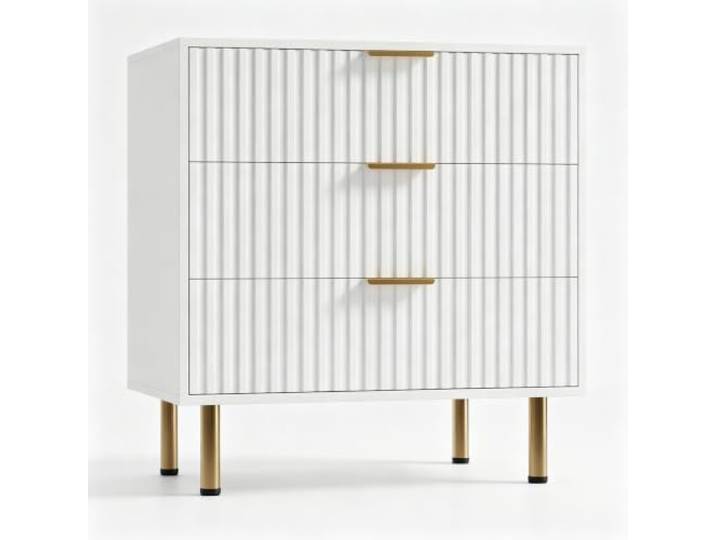 Litake Moderner 3-Schubladen-Kommode Geriffelter Front Goldfarbenen Griffen Moderner 3-Schubladen-Kommodenschrank mit Tiefen Schubladen, für Schlafzimmer oder Flur, Kommode 60x40x70 cm Weiß