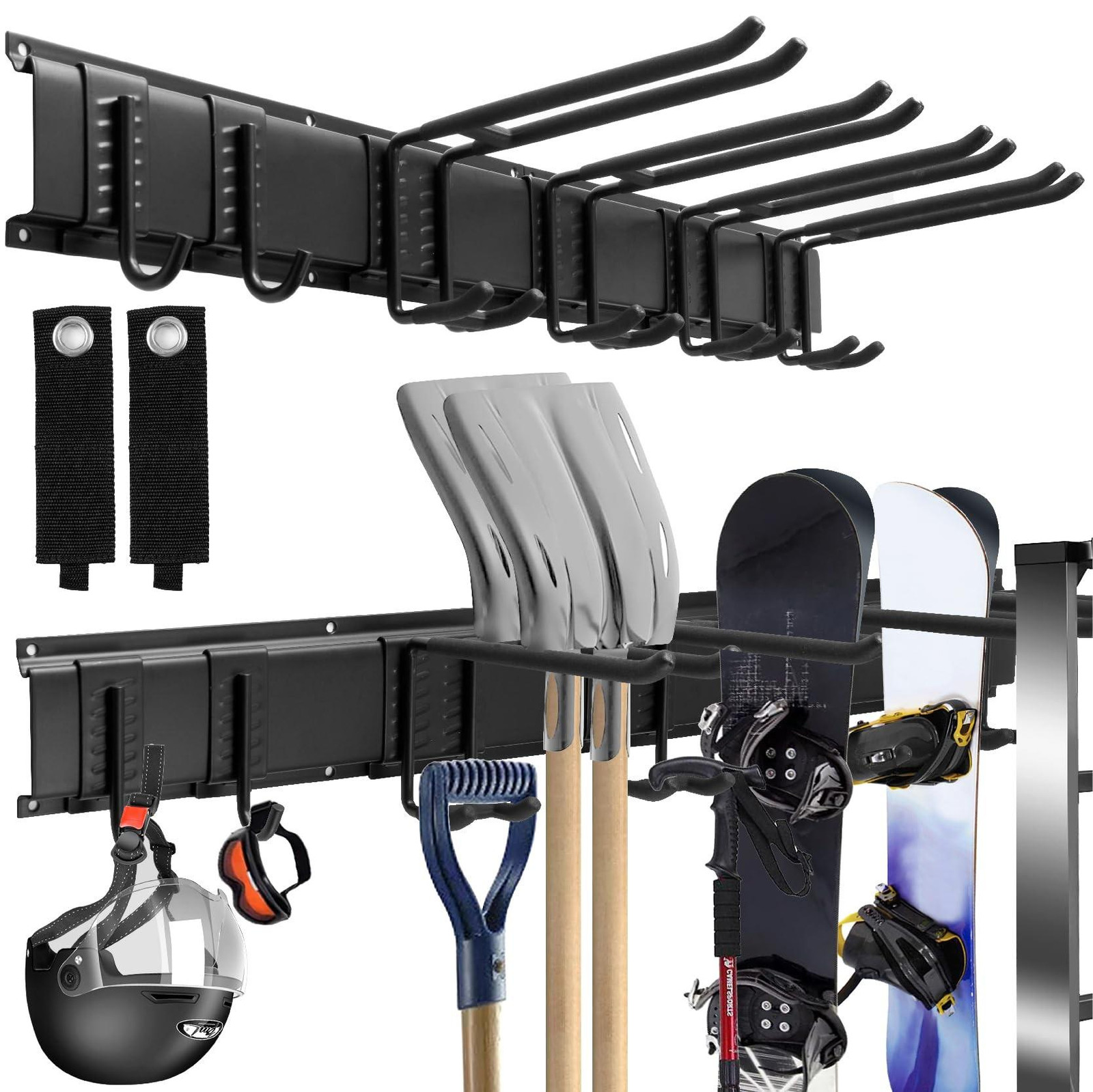 Merkloze Wandgemonteerde Tuingereedschap Organizer met 6 Verstelbare Haken en 2 Straps