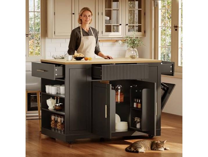 Ropilly Mobile Kücheninsel, Rollbarer Küchenwagen mit Stauraum, Moderner MDF Küchentrolley für Küche und Essbereich (Schwarz, Kitchen Island)