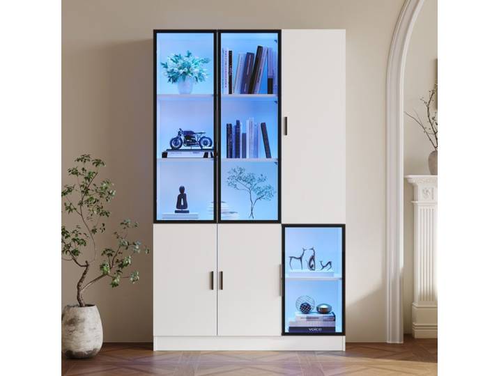 Vitrine haute en verre avec éclairage LED - SENVIRO - bibliothèque 120x35x200 cm blanche avec portes vitrées cadre aluminium