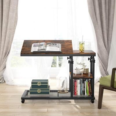 Jiallo "32"" Width Adjustable C-Shaped End Table with Wheels & Tilting Top Rustic Brown"