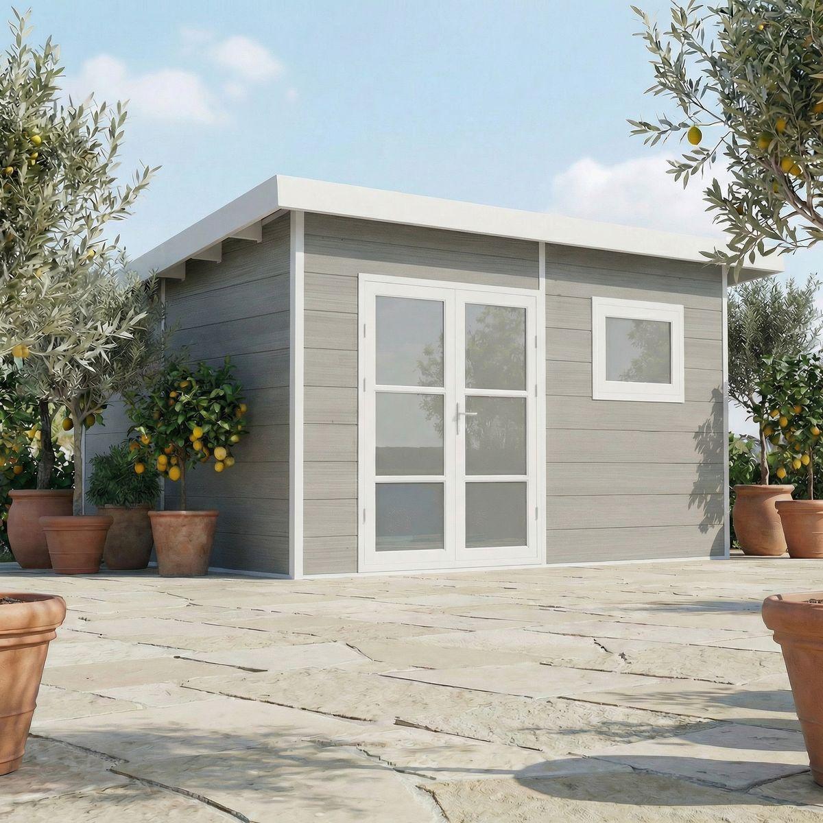 WPC Gartenhaus ALMA- 15 m² hellgrau - Dielenstärke: 28 mm - Gartenhaus - Lüftungsgitter - Doppeltür - Dachrinne